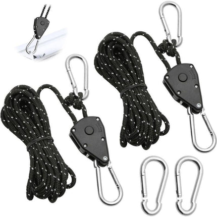 2 Pieces 4M Adjustable Ratchet ROpe, 1/8 Black Ratchet Pulley With 2 Replacement Hooks, Reflective Ratchet ROpe.