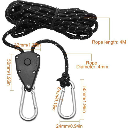 2 Pieces 4M Adjustable Ratchet ROpe, 1/8 Black Ratchet Pulley With 2 Replacement Hooks, Reflective Ratchet ROpe.