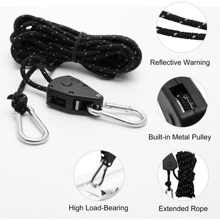 2 Pieces 4M Adjustable Ratchet ROpe, 1/8 Black Ratchet Pulley With 2 Replacement Hooks, Reflective Ratchet ROpe.