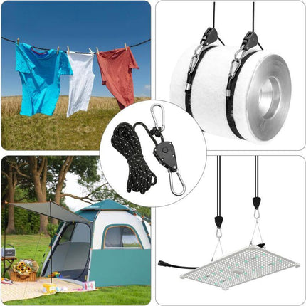 2 Pieces 4M Adjustable Ratchet ROpe, 1/8 Black Ratchet Pulley With 2 Replacement Hooks, Reflective Ratchet ROpe.