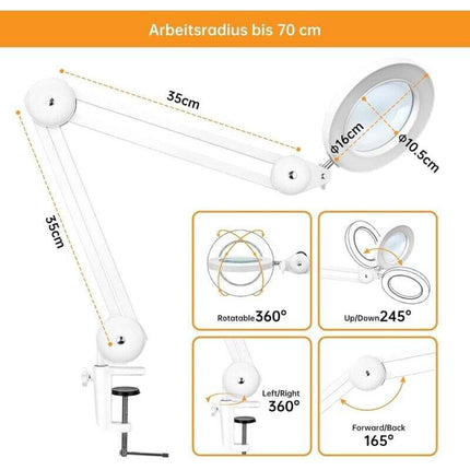 Magnifying Lamp, Work Light - With 105Mm 5 Diopter Glass Lens, Metal Clamp, Swivel Arm, 3 Color Mode Dimmable Lights 16.