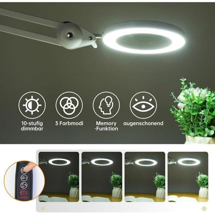 Magnifying Lamp, Work Light - With 105Mm 5 Diopter Glass Lens, Metal Clamp, Swivel Arm, 3 Color Mode Dimmable Lights 16.