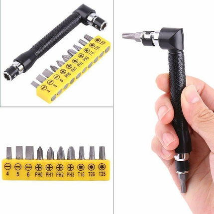 Right Angle Screwdriver, Curved Screwdriver, L-Shaped Wrench, With 10 Bits For Construction Workers.