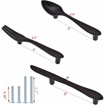 3 Pack Knife Spoon Fork Shape Cabinet Pulls Door Handles Hole Center 3" Matte Black.