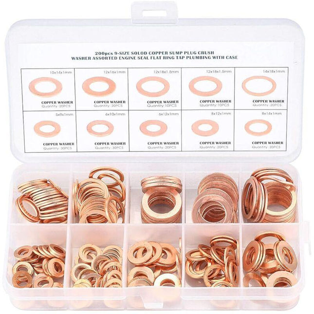 Copper Metal Washers, Gaskets Sealing Ring, Flat Washers, O-Ring With Box For Sealing - 200 pcs/M5 M6 M8 M10 M12 M14.