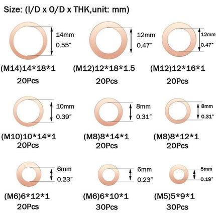 Copper Metal Washers, Gaskets Sealing Ring, Flat Washers, O-Ring With Box For Sealing - 200 pcs/M5 M6 M8 M10 M12 M14.