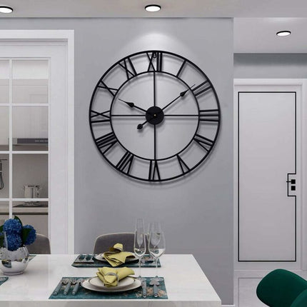Large ROund Metal Wall Clock Vintage Style Silent Non Ticking Battery Operated 40Cm Black ROman Numeral Clocks For.