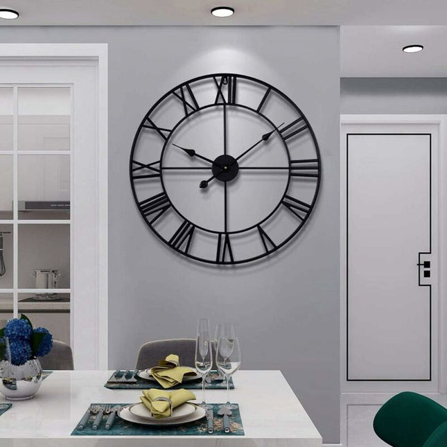 Large ROund Metal Wall Clock Vintage Style Silent Non Ticking Battery Operated 40Cm Black ROman Numeral Clocks For.