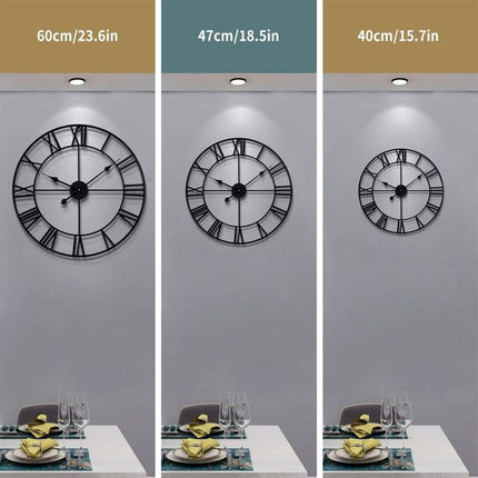 Large ROund Metal Wall Clock Vintage Style Silent Non Ticking Battery Operated 40Cm Black ROman Numeral Clocks For.