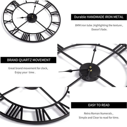 Large ROund Metal Wall Clock Vintage Style Silent Non Ticking Battery Operated 40Cm Black ROman Numeral Clocks For.