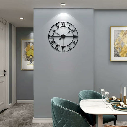 Large ROund Metal Wall Clock Vintage Style Silent Non Ticking Battery Operated 40Cm Black ROman Numeral Clocks For.