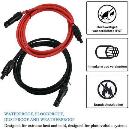 Solar Photovoltaic Extension Line Solar Panel Extension Cable With Mc4 Connector Red + Black Pair, 14Awg 3 Meters / 10.