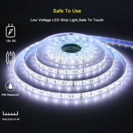 12V LED Strip Light Cool White 6500K, 5 Meters Flexible 300 LEDs 5050 Smd Ip65 Waterproof LED Strip [Energy Class A].