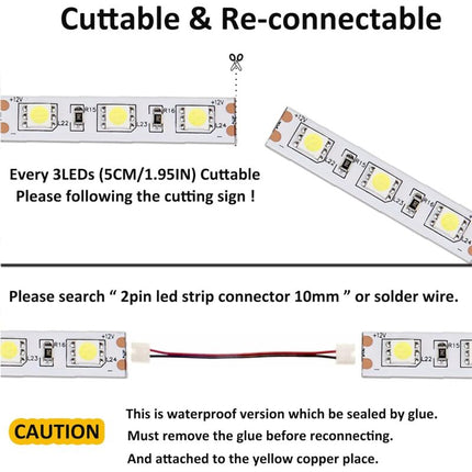 12V LED Strip Light Cool White 6500K, 5 Meters Flexible 300 LEDs 5050 Smd Ip65 Waterproof LED Strip [Energy Class A].
