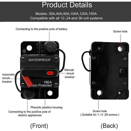 Car Circuit Breaker 30A - 150A, Dc 12V - 48V Waterproof Circuit Breaker With Manual Reset For Auto Car Marine Boat Bike.