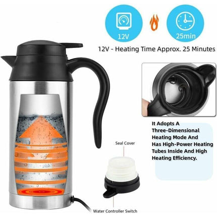 750Ml Portable Stainless Steel Electric Travel Kettle, 12V Car Cigarette Lighter, Electric Travel Mug Heating Kettle.