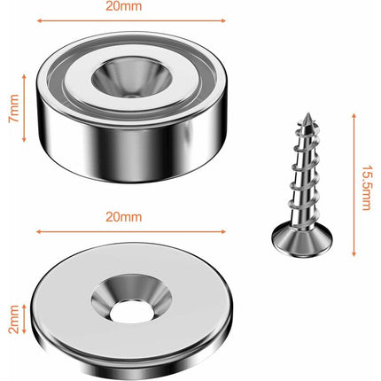 12 pcs Neodymium Magnets 10Kg Force 20 X 7Mm With Hole And Capsule, Countersunk Pot Magnet With Screws And 12 Steel.