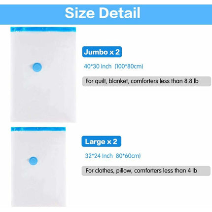 4 Pack Vacuum Storage Bags (2 Jumbo 100X80Cm, 2 Large 80X60Cm), Waterproof Bag For Duvets, Pillows, Clothes With Travel.
