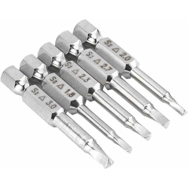 5 pcs Magnetic Triangle Head Screwdriver Bits Set S2 Steel 1.8Mm, 2Mm, 2.3Mm, 2.7Mm, 3Mm, 6.35Mm Hex Shank, 50Mm Length.