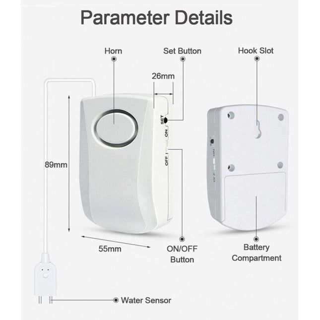 Water Leak Alarm 130Db, 95Cm Long Cable With Sensor, Home Security Water Leak Detection Alarm, Battery Included.