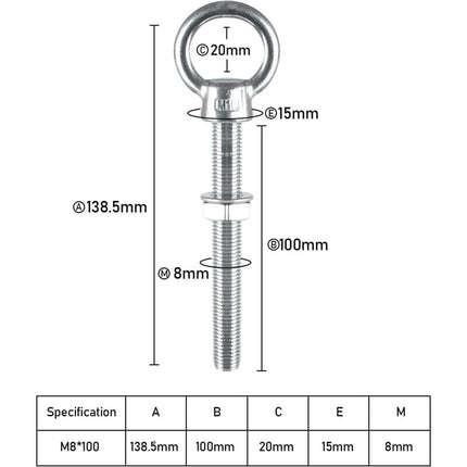 Eye Bolts M10 X 100Mm Stainless Steel Metric Thread M10 Eye Bolts For Fixing And Hanging, 4 pcs.