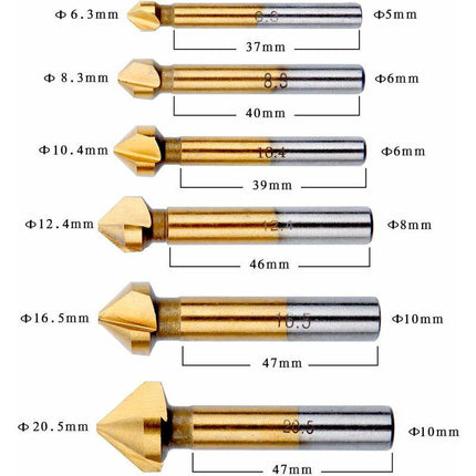 Countersink Metal Wood, Titanium Drill Bit Metal Chamfer Hss 90 Degree 6.3Mm, 8.3Mm, 10.4Mm, 12.4Mm, 16.5Mm, 20.5Mm.