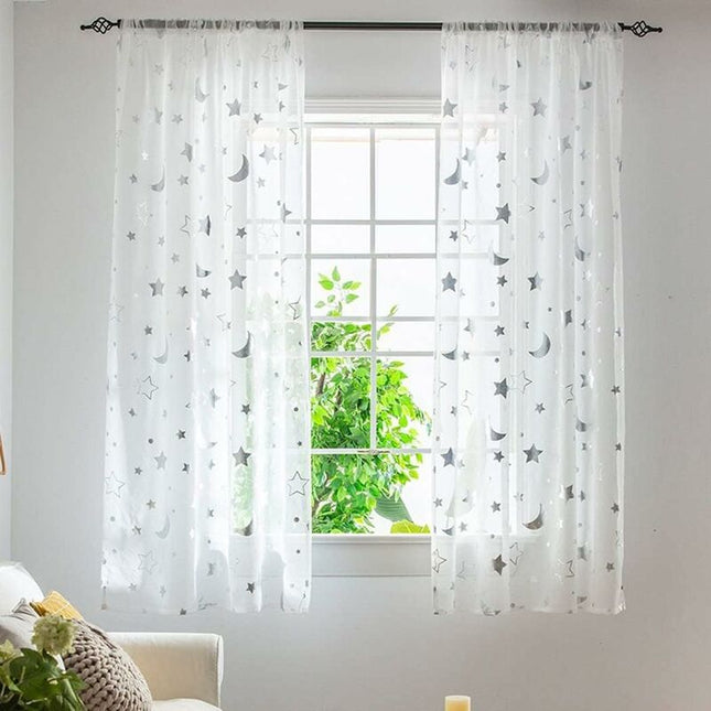 1M Long Semi Sheer Window Curtains For Girls ROom Bedroom Cute Moon And Stars Pattern Tulle Sheer Curtains 2 Panel 1M X.