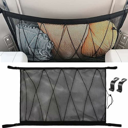 Car Storage Net 90Cmx65Cm, Multifunctional Organizer With Zipper With 2 Car Seat Hooks, Camping Car Storage Net, Car.