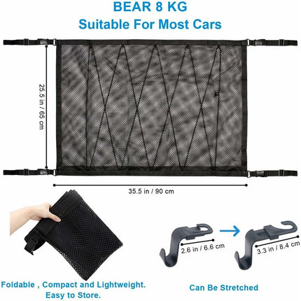 Car Storage Net 90Cmx65Cm, Multifunctional Organizer With Zipper With 2 Car Seat Hooks, Camping Car Storage Net, Car.