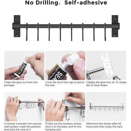 Wall Mounted Stainless Steel Utensil Holder With 8 Sliding Hooks For Kitchen And Bathroom (Black).