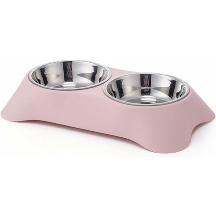 Double Dog Bowl, Non-Slip Stainless Steel Double Bowl With Spill Proof For Small Dogs And Cats (S, Pink).
