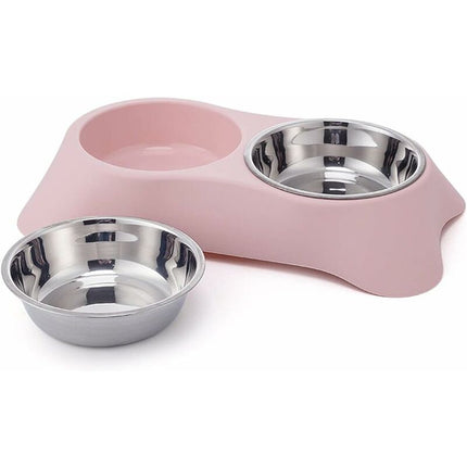 Double Dog Bowl, Non-Slip Stainless Steel Double Bowl With Spill Proof For Small Dogs And Cats (S, Pink).