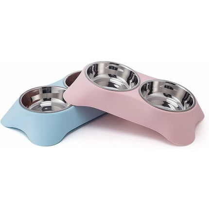 Double Dog Bowl, Non-Slip Stainless Steel Double Bowl With Spill Proof For Small Dogs And Cats (S, Pink).