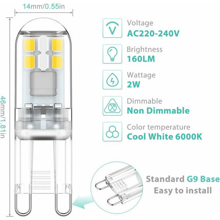 G9 LED Bulbs 1.5W Equivalent To 20W Halogen Light Cool White 6000K, Ac 220-240V, Non-Dimmable, Mini Incandescent Bulb,.