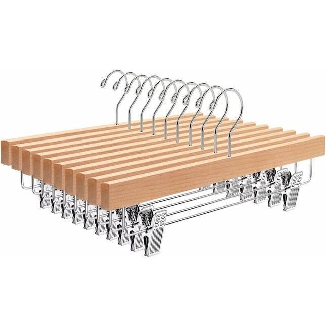 Home 10 Pack 32Cm Natural Wooden Hangers For Pants Skirts Socks Underwear Non-Slip Hangers With Clips.