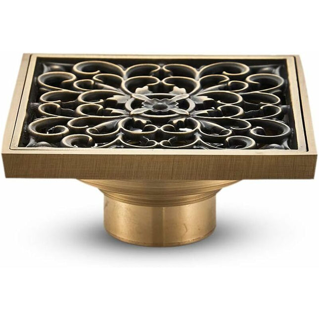 Brass Bathroom Floor Drain - Antique Unique Square Shower Drain Flower Carved For Toilet Garden 10Cm.