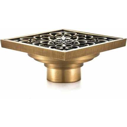 Brass Bathroom Floor Drain - Antique Unique Square Shower Drain Flower Carved For Toilet Garden 10Cm.