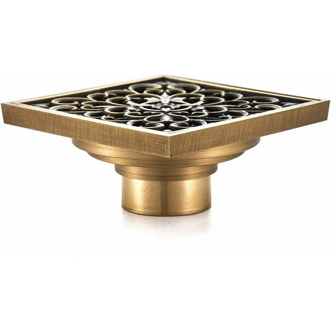 Brass Bathroom Floor Drain - Antique Unique Square Shower Drain Flower Carved For Toilet Garden 10Cm.