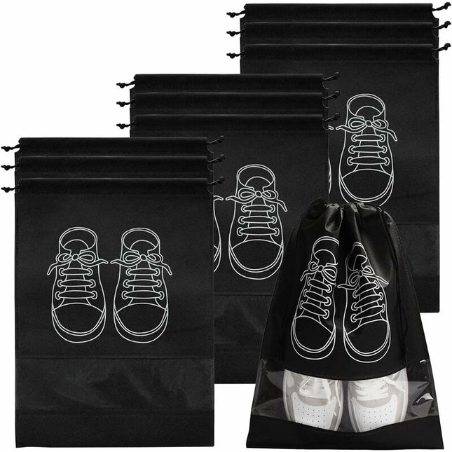 Travel Shoe Bag, Waterproof Dustproof Fleece Shoe Bag Set With Clear Window And Drawstring (32X44Cm) -10 pcs-Black.