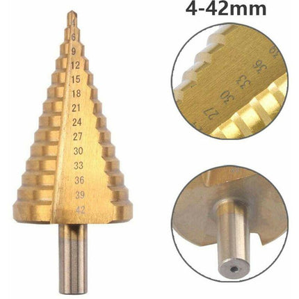 Step Cone Drill Bit - 4-42Mm - 14 Sizes - High Speed Steel ROund Shank Hole Cutter Tool.