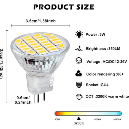 Mr11 Gu4 LED 3W Positive White Light 6500K, Non-Dimmable, Gu4 LED Spot Bulbs, 25-35W Halogen Equivalent, 350Lm, Ac/Dc.