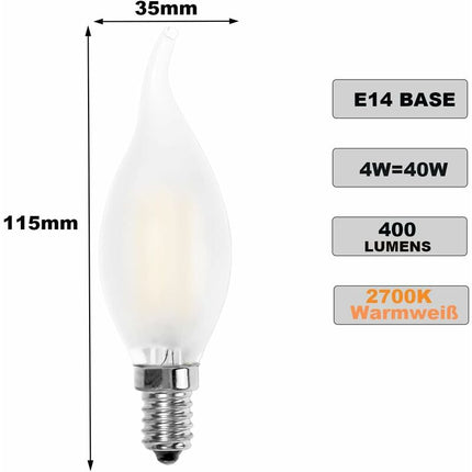 LED Bulb E14 Flame, Candle Shape, Warm White 2700K, 4W Incandescent Equivalent 40W, 400Lm, Pack Of 12 [Energy Class A+].