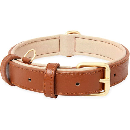 Leather Dog Collar, Adjustable Dog Collar Soft Padded Leather Cushion For Small, Medium Or Large Dogs, Brown, M.