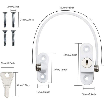 Security Lock Furniture Door Window-2 pcs With Key White Cable Restrictor 190Mm-Baby Child Safety Cable Restrictor.