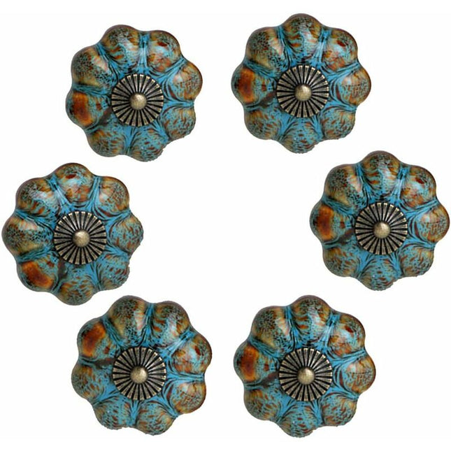 6 pcs Ceramic Glazed Door Handles For Cabinets, Bathrooms, Wardrobes, Drawers (Blue).