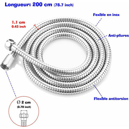 Shower Hose, 2M Stainless Steel Shower Hose, Universal Shower Hose, Universal Threaded Connector (G1/2 Inch) (2M).