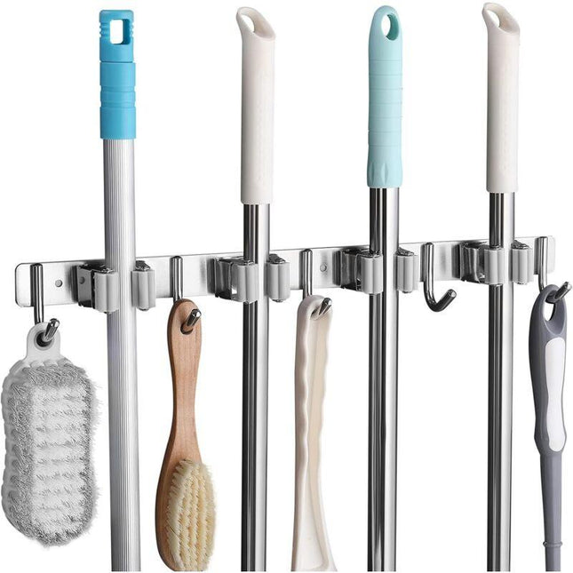 Stainless Steel Wall Mounted Broom Holder, Wall Mounted Broom Hanger With 4 Slots And 5 Hooks For Kitchen, Bathroom,.