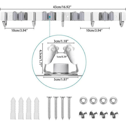 Stainless Steel Wall Mounted Broom Holder, Wall Mounted Broom Hanger With 4 Slots And 5 Hooks For Kitchen, Bathroom,.