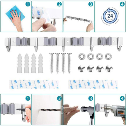 Stainless Steel Wall Mounted Broom Holder, Wall Mounted Broom Hanger With 4 Slots And 5 Hooks For Kitchen, Bathroom,.