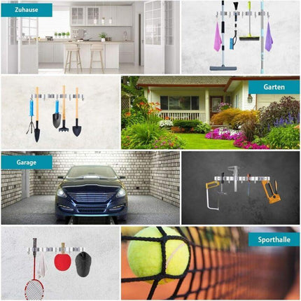Stainless Steel Wall Mounted Broom Holder, Wall Mounted Broom Hanger With 4 Slots And 5 Hooks For Kitchen, Bathroom,.